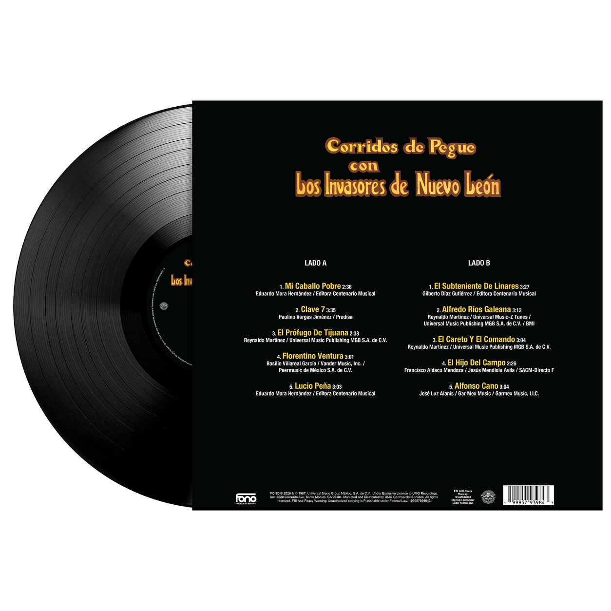 Los Invasores De Nuevo Leon - Corridos De Pegue 1LP Vinyl back
